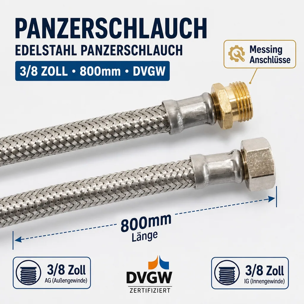 Panzerschlauch, Edelstahl Panzerschlauch, 3/8 Zoll, 800mm, DVGW