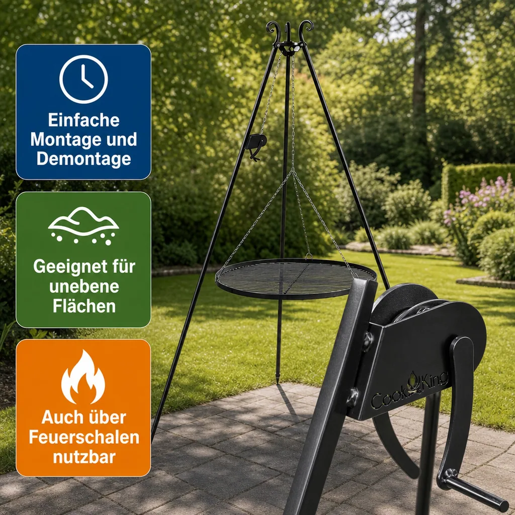 Schwenkgrill Set, Dreibein Grill 180cm, mit Grillrost 60cm