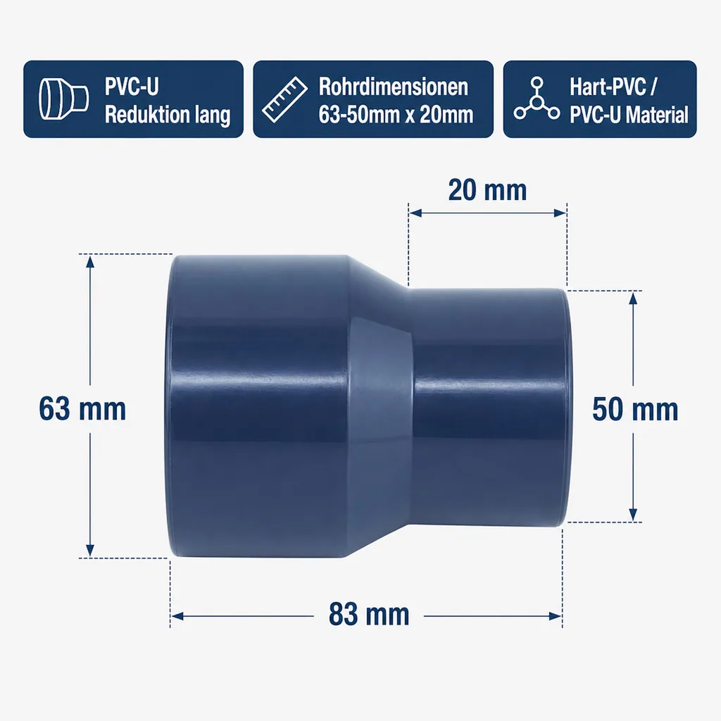 PVC - U Reduktion lang 63-50mm x 20 mm PN16