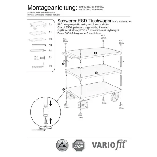 ESD Tischwagen, Schwerlast, 500kg Traglast, 3 Ladeflächen
