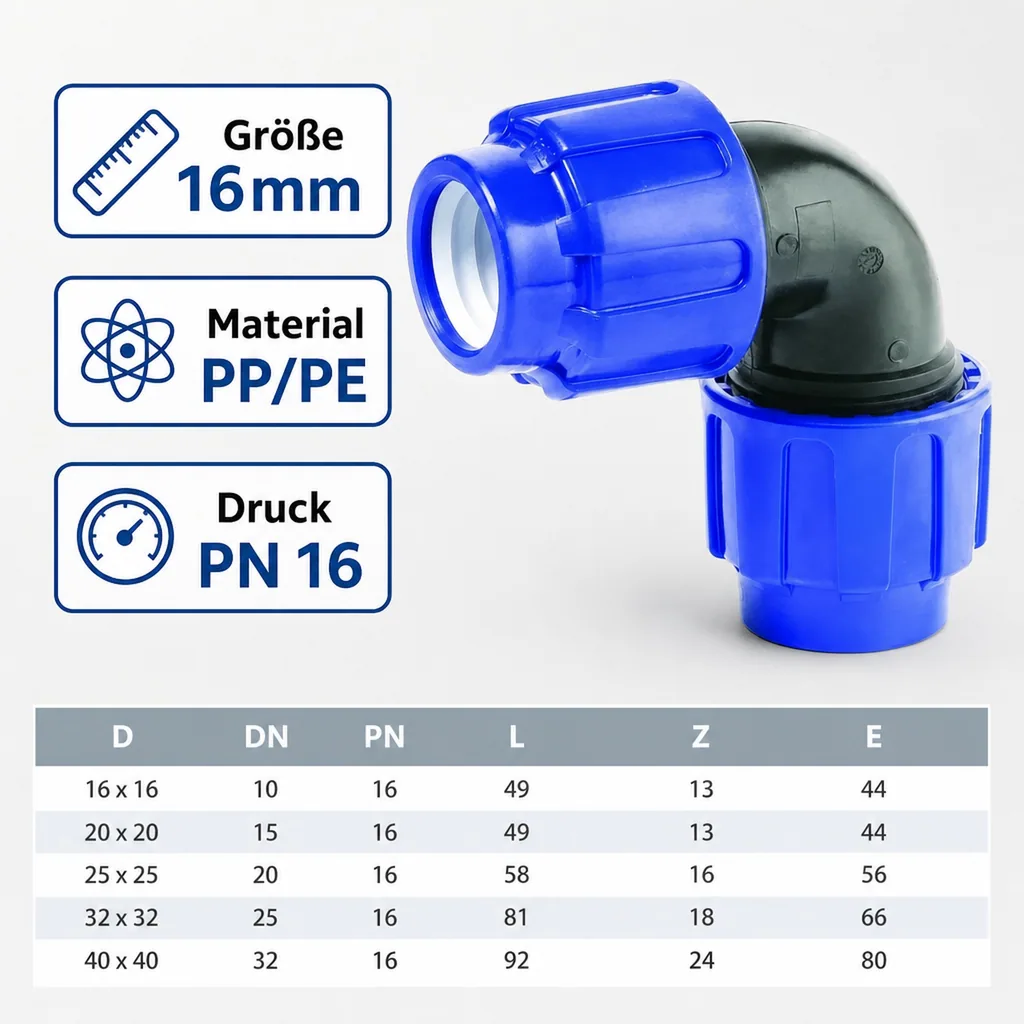 PE Rohr Verschraubung 90°, 16mm, Winkelverschraubung, Klemmverbinder