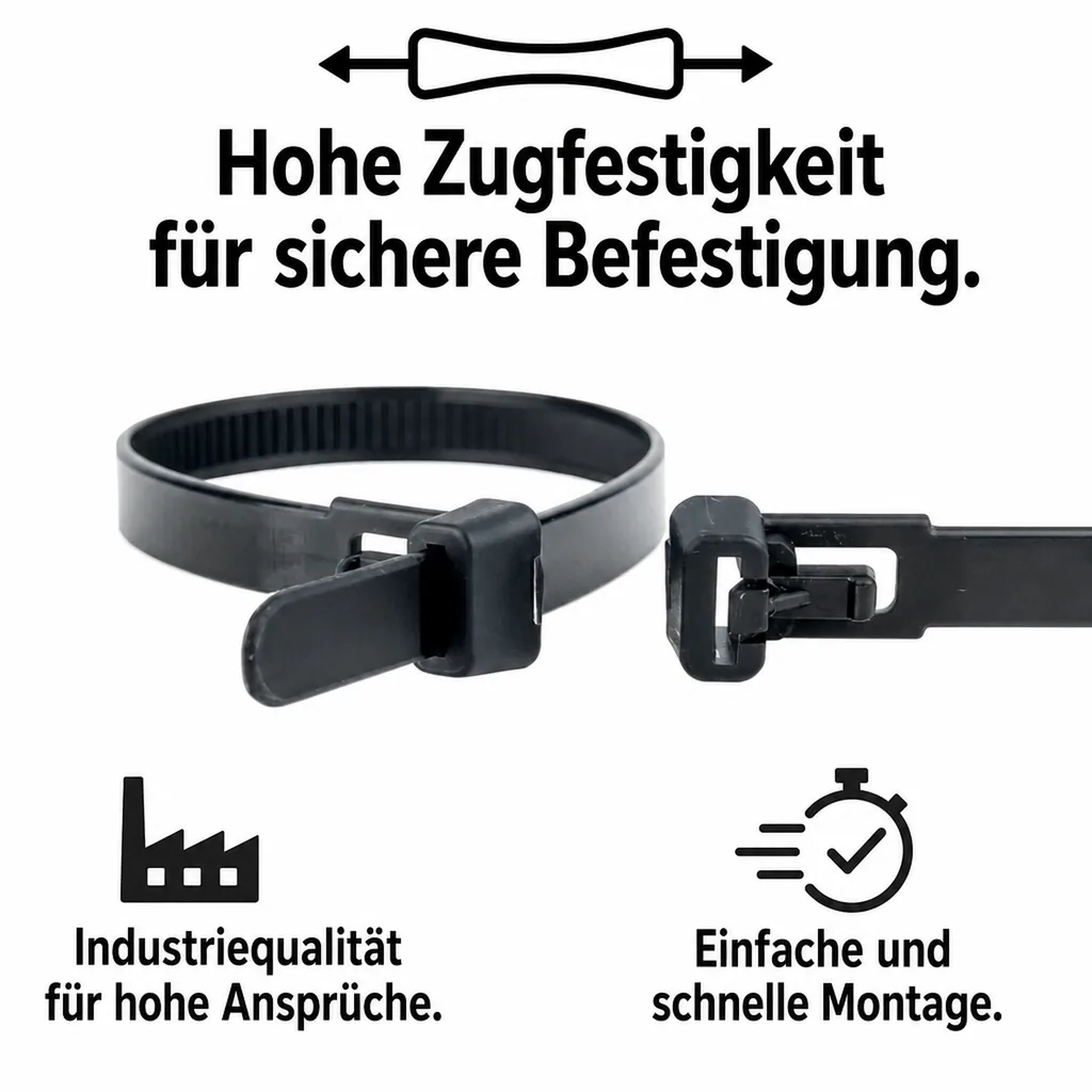 Kabelbinder, wiederlösbar, 100 Stück, 100mm, schwarz, industriequalität