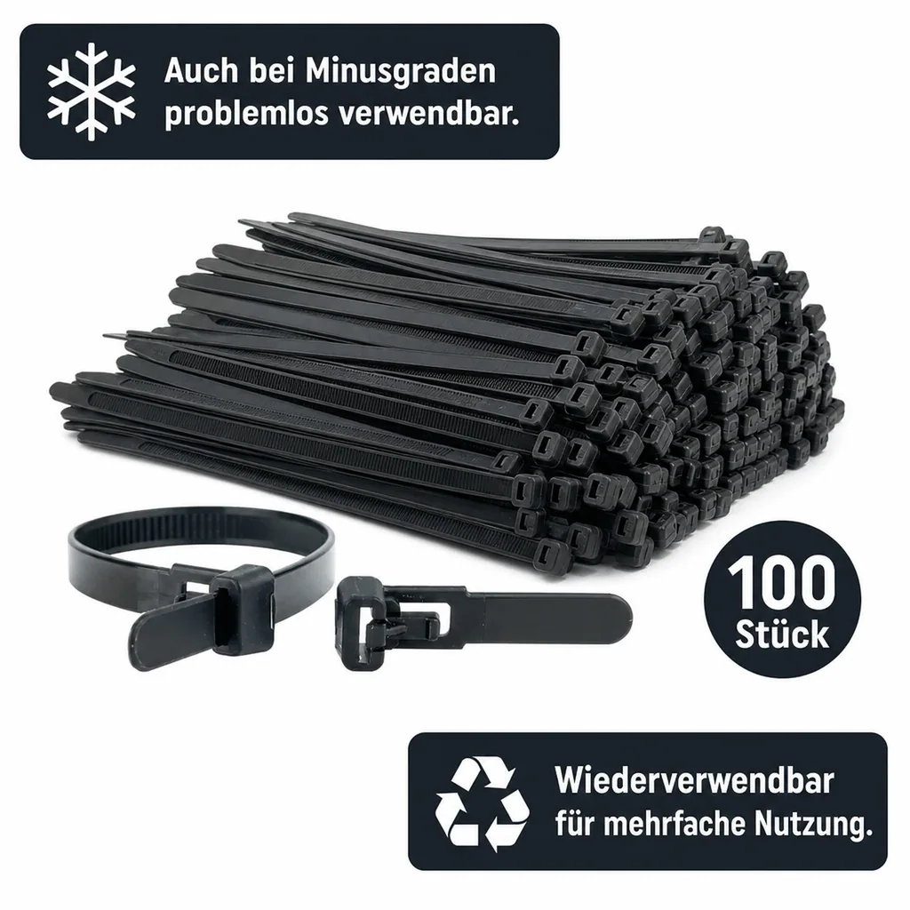 Kabelbinder, wiederlösbar, 100 Stück, 100mm, schwarz, industriequalität