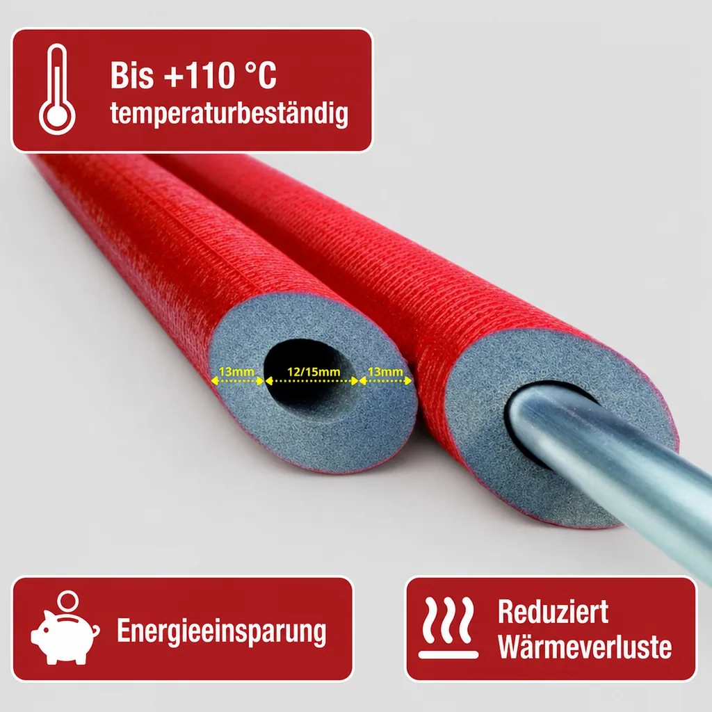 Rohrisolierung 2m, Heizungsrohr Dämmung 12/15mm, GEG
