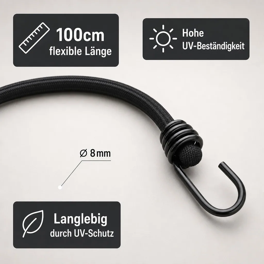 Expanderseil mit Haken, 8mm x 100cm, Gummiseil, Gepäckspanner