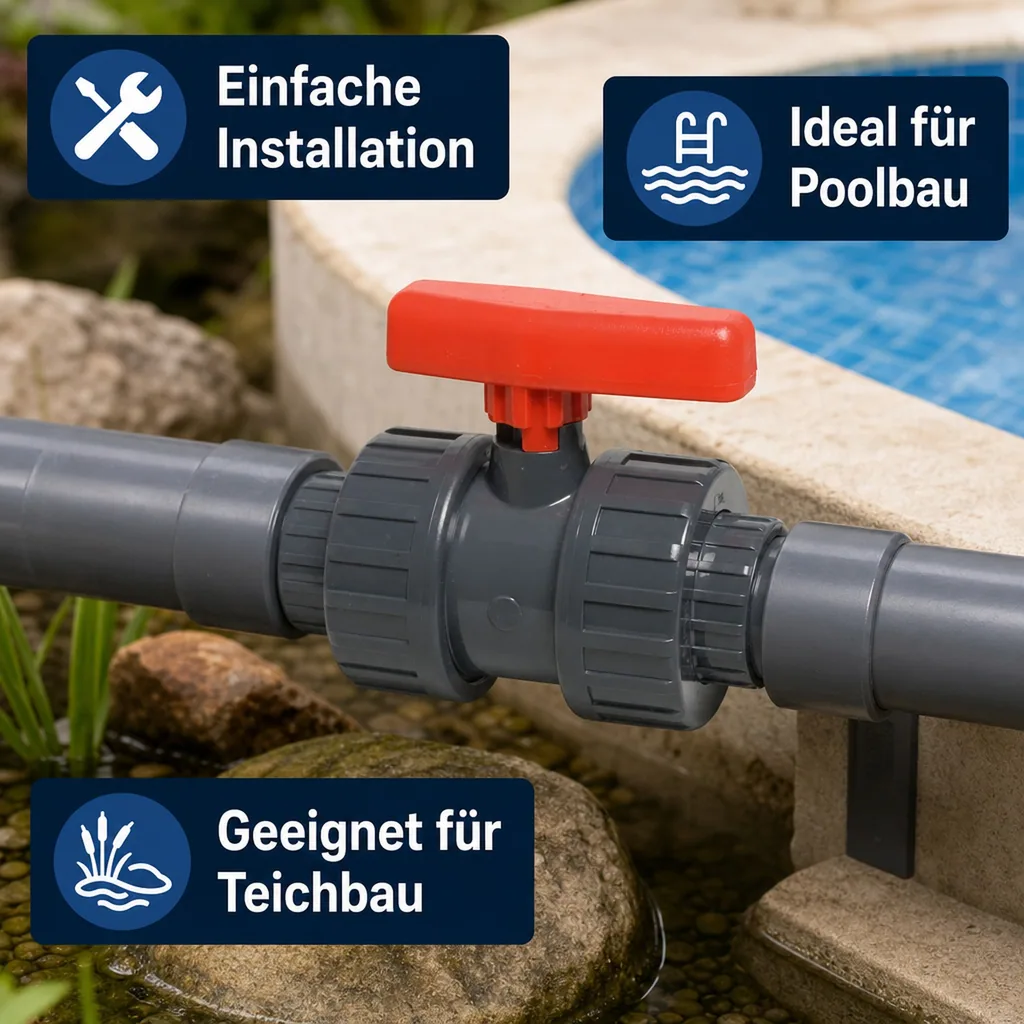 PVC Kugelhahn 32mm, Muffe PN16, Pool, Teich, Aquaristik