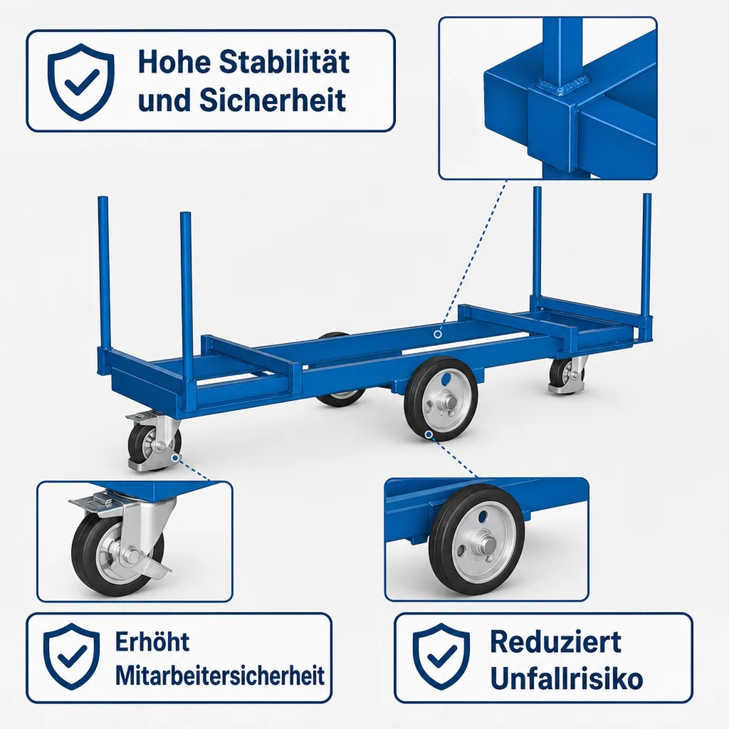 Langmaterialwagen, Materialwagen, 2000 kg Traglast, mit 4 Rungen, 2500 mm
