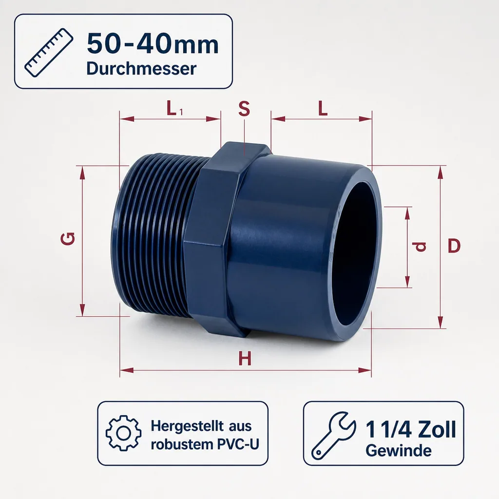 PVC Fitting, Übergangsmuffe 50-40mm, Gewinde 1 1/4 Zoll, PN10