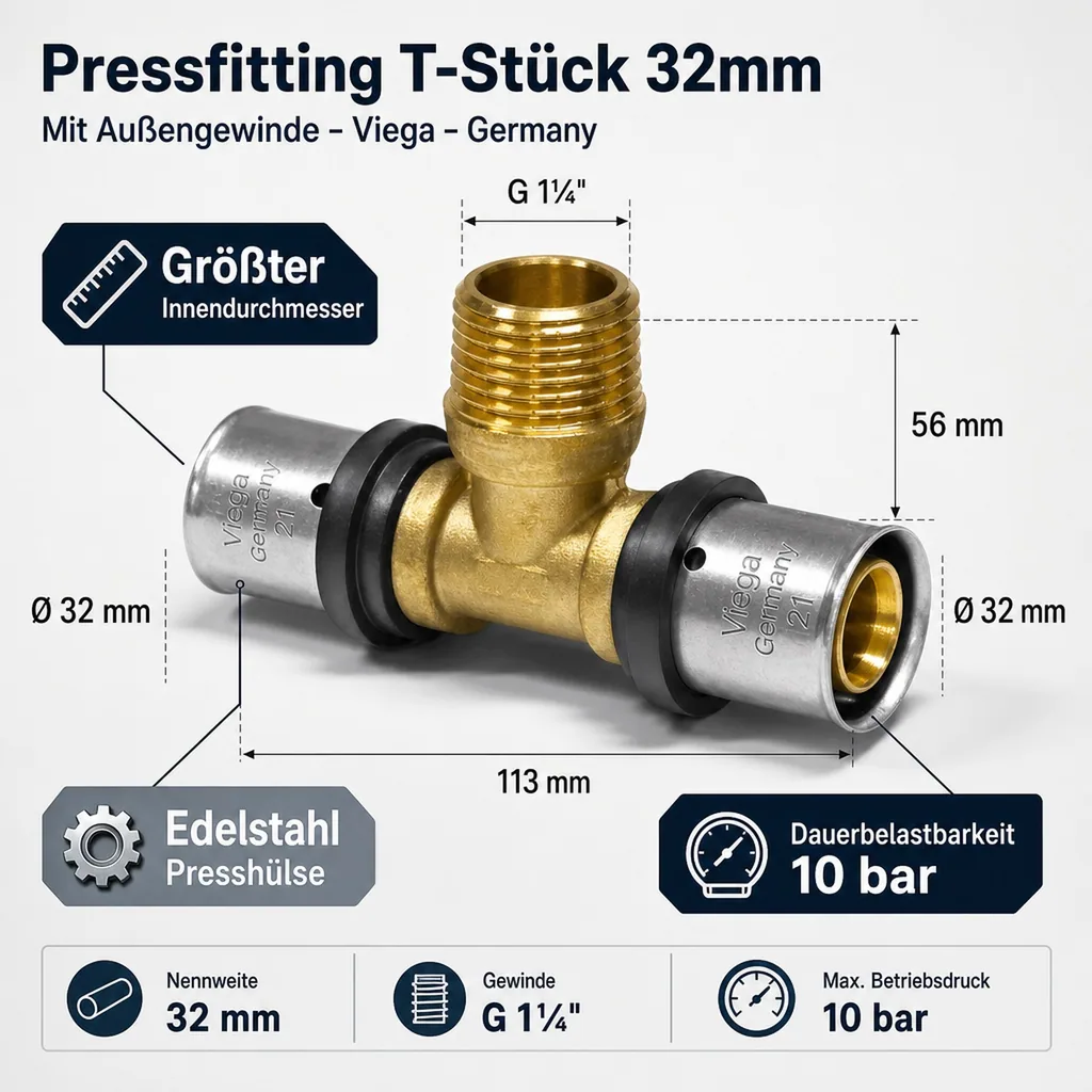 Pressfitting T-Stück 32mm, Pressfitting, Verbinder