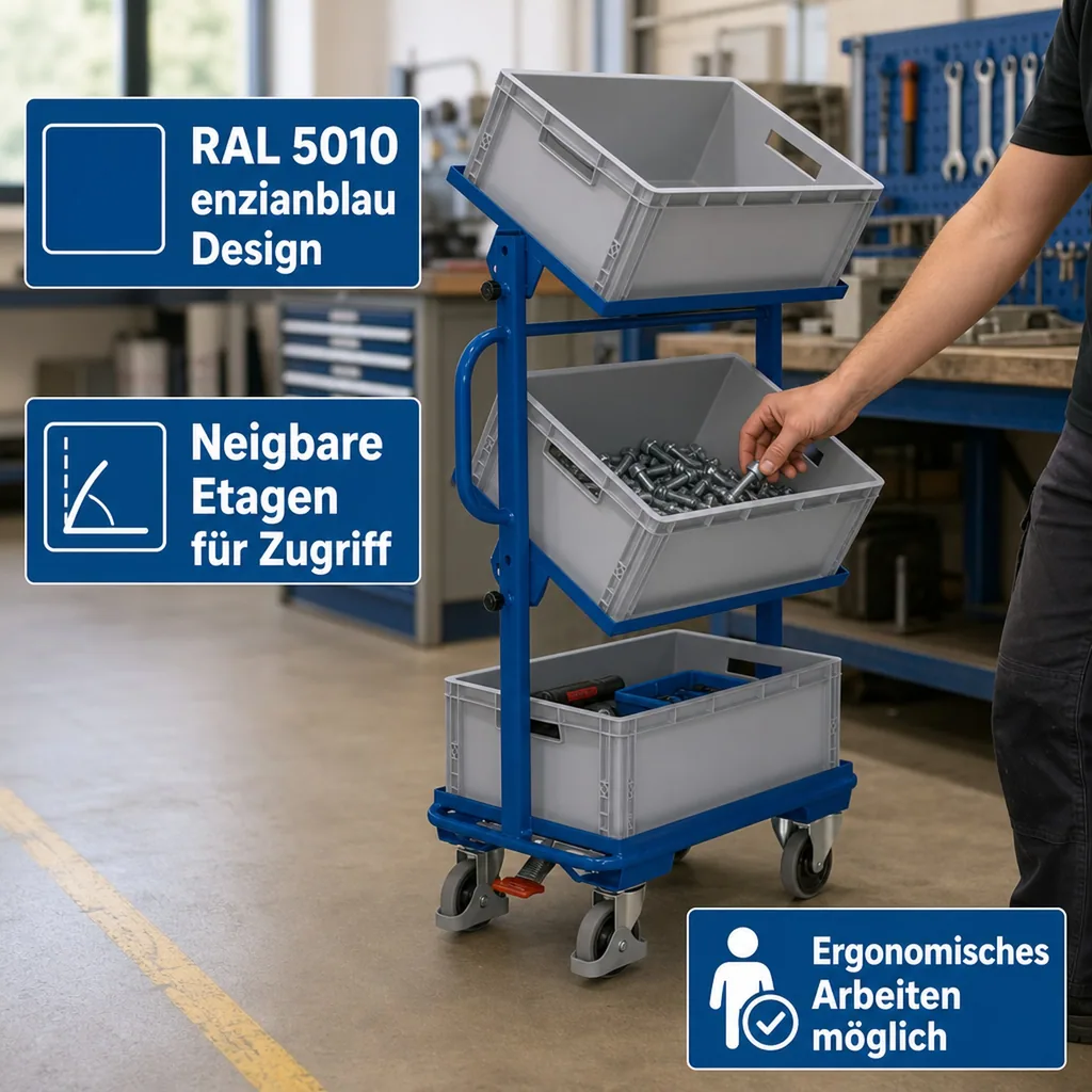 Werkstattwagen, Beistellwagen offen, 3 Kunststoffkästen, neigbar, EasySTOP, 200 kg Traglast