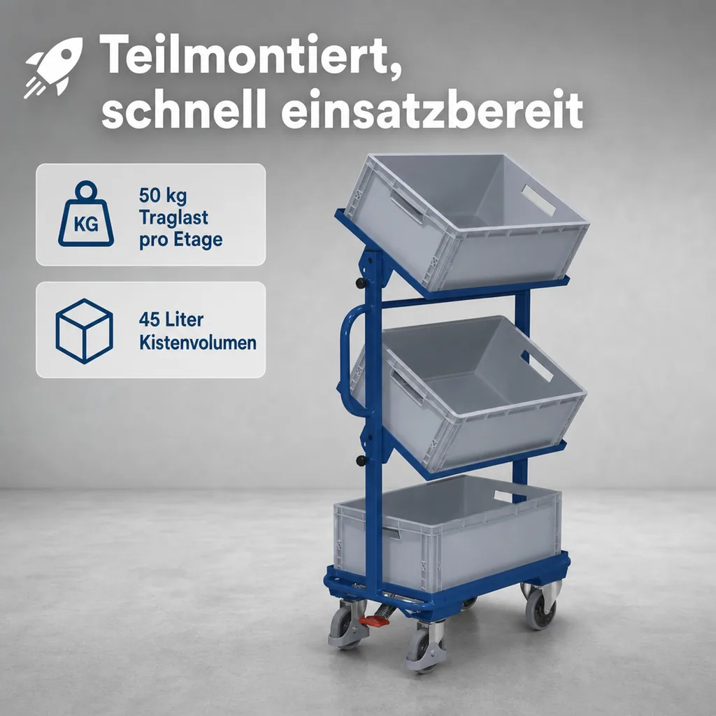 Werkstattwagen, Beistellwagen offen, 3 Kunststoffkästen, neigbar, EasySTOP, 200 kg Traglast