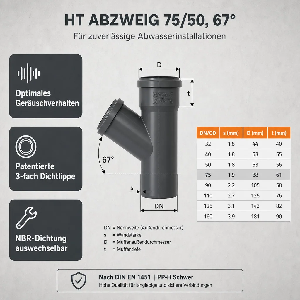 HT Abzweig 75, HT Rohr 75/50, Abwasserrohr 67 Grad