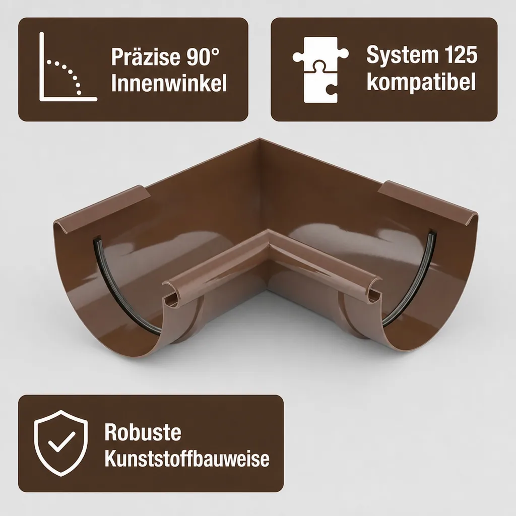 Regenrinne Eckstück, Innen 90° braun, System 125, Dachrinne Zubehör