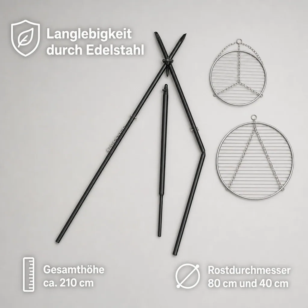 Schwenkgrill, Grill mit Dreibein, Gartengrill, Edelstahl, 210cm, Doppelrost 80/40cm