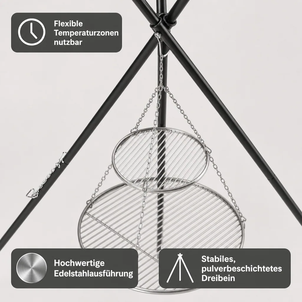Schwenkgrill, Grill mit Dreibein, Gartengrill, Edelstahl, 210cm, Doppelrost 80/40cm