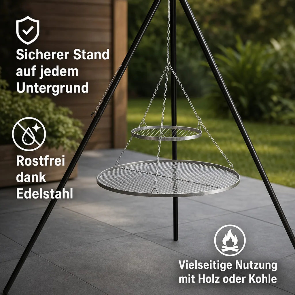 Schwenkgrill, Grill mit Dreibein, Gartengrill, Edelstahl, 210cm, Doppelrost 80/40cm