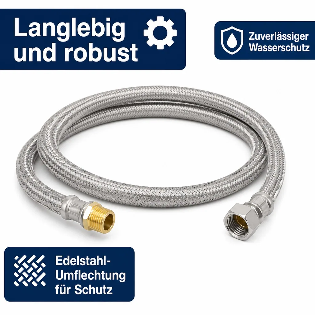 Panzerschlauch 1/2 Zoll, Edelstahl, Flexibel, 2000mm, Trinkwasser