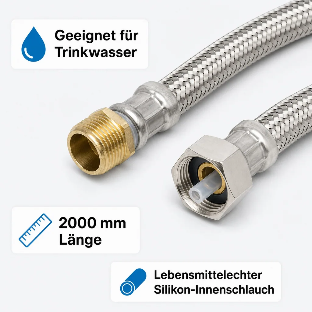 Panzerschlauch 1/2 Zoll, Edelstahl, Flexibel, 2000mm, Trinkwasser