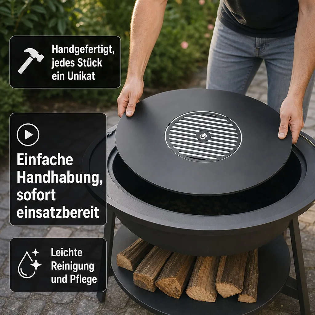 Grillplatte Feuerschale, 82cm, mit Grillrost 40cm, Naturstahl