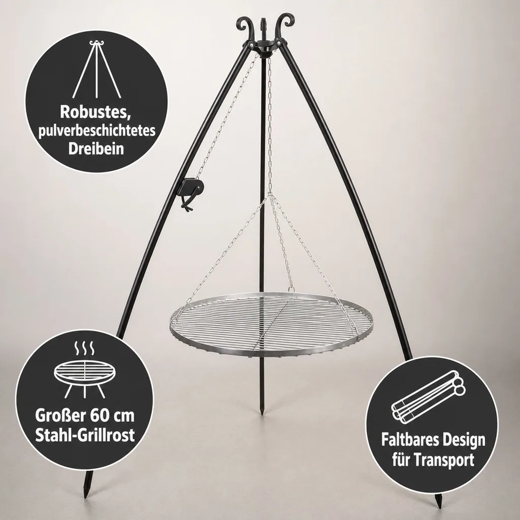 Schwenkgrill, Dreibein, Grillrost 60 cm, mit Kurbel, 200cm
