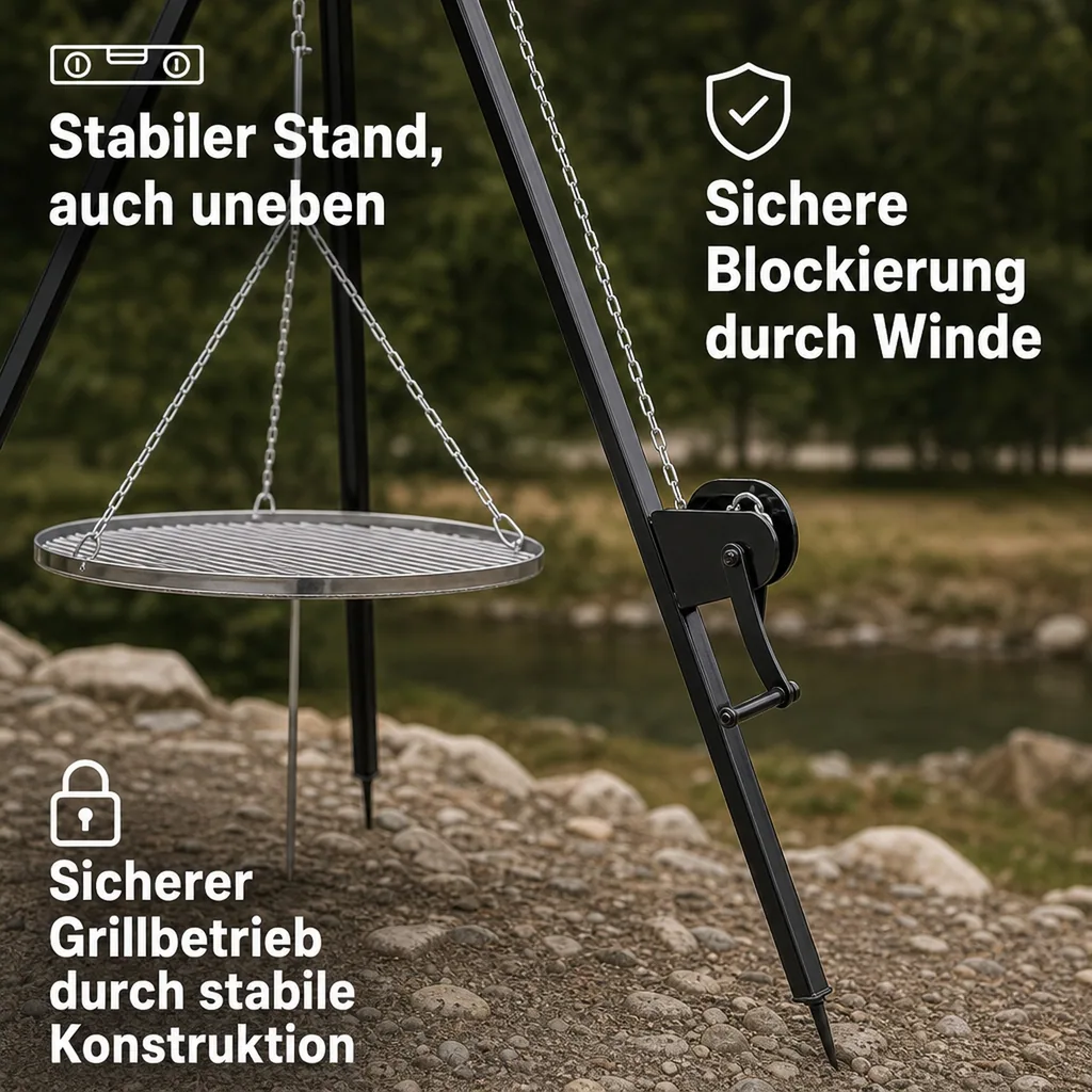 Schwenkgrill, Dreibein, Grillrost 60 cm, mit Kurbel, 200cm