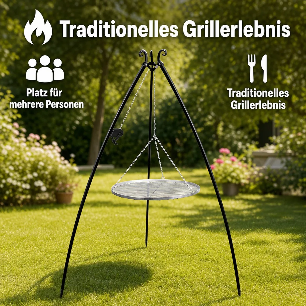 Schwenkgrill, Dreibein, Grillrost 60 cm, mit Kurbel, 200cm