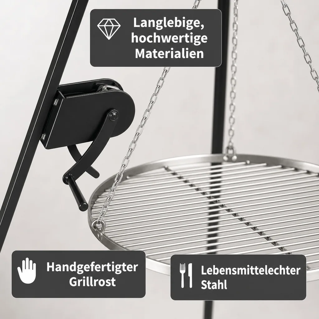 Schwenkgrill, Dreibein, Grillrost 60 cm, mit Kurbel, 200cm