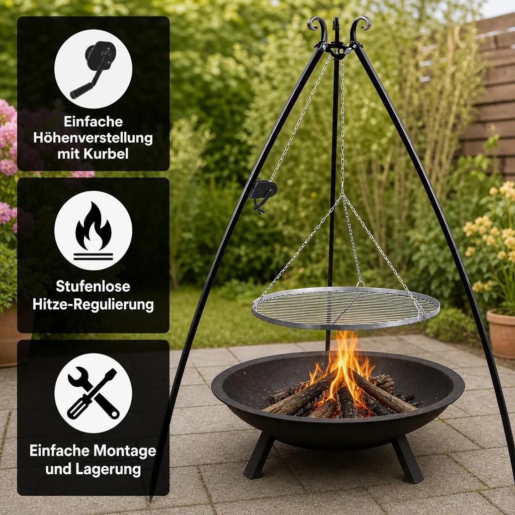 Schwenkgrill, Dreibein, Grillrost 60 cm, mit Kurbel, 200cm