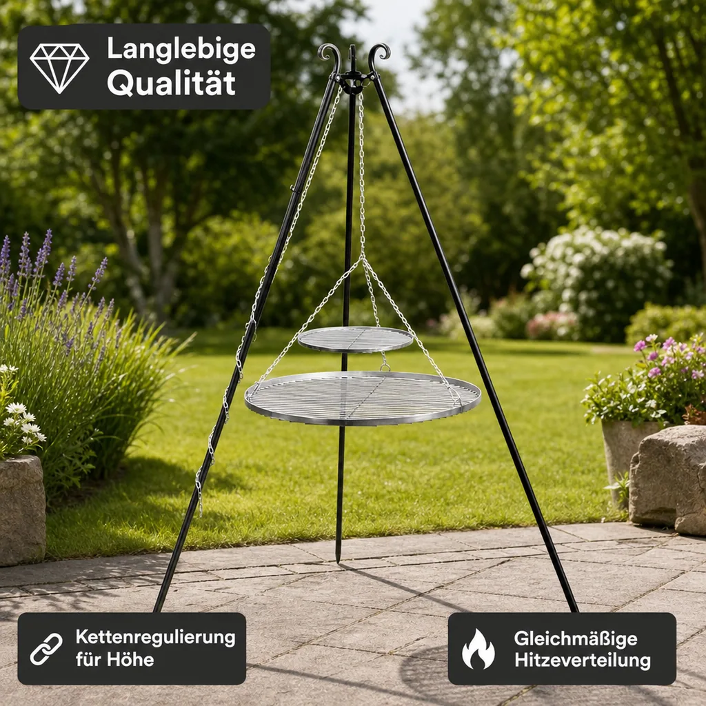Schwenkgrill Set, Dreibein, Doppelrost 80/40cm, Gartengrill