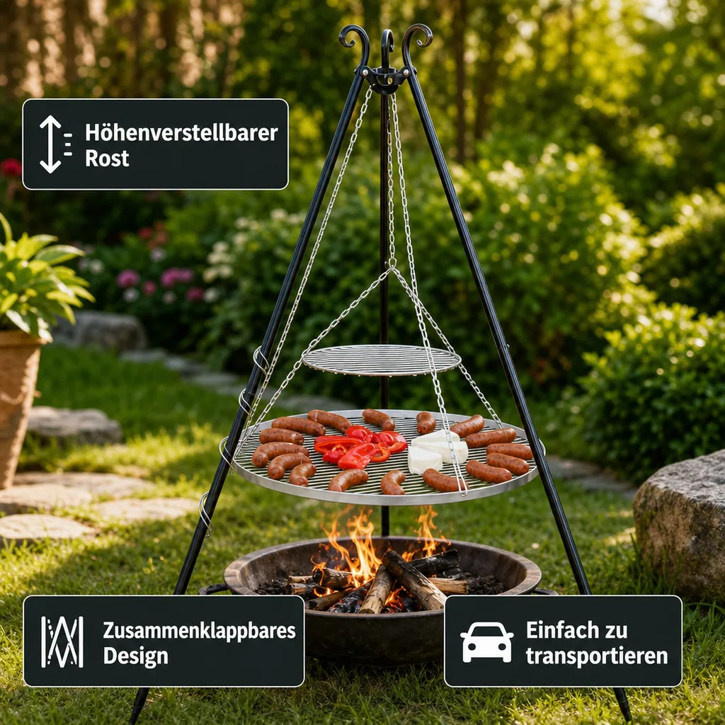 Schwenkgrill Set, Dreibein, Doppelrost 80/40cm, Gartengrill