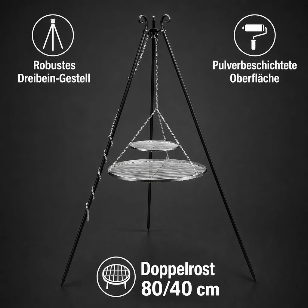 Schwenkgrill Set, Dreibein, Doppelrost 80/40cm, Gartengrill