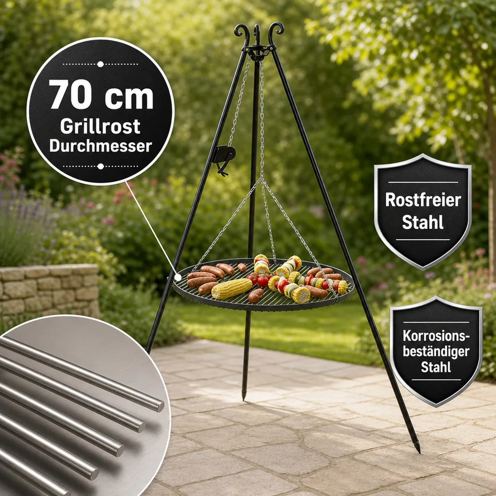 Schwenkgrill mit Dreibein, Edelstahl Grillrost, 70cm, Kurbel