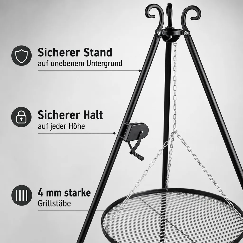 Schwenkgrill mit Dreibein, Edelstahl Grillrost, 70cm, Kurbel
