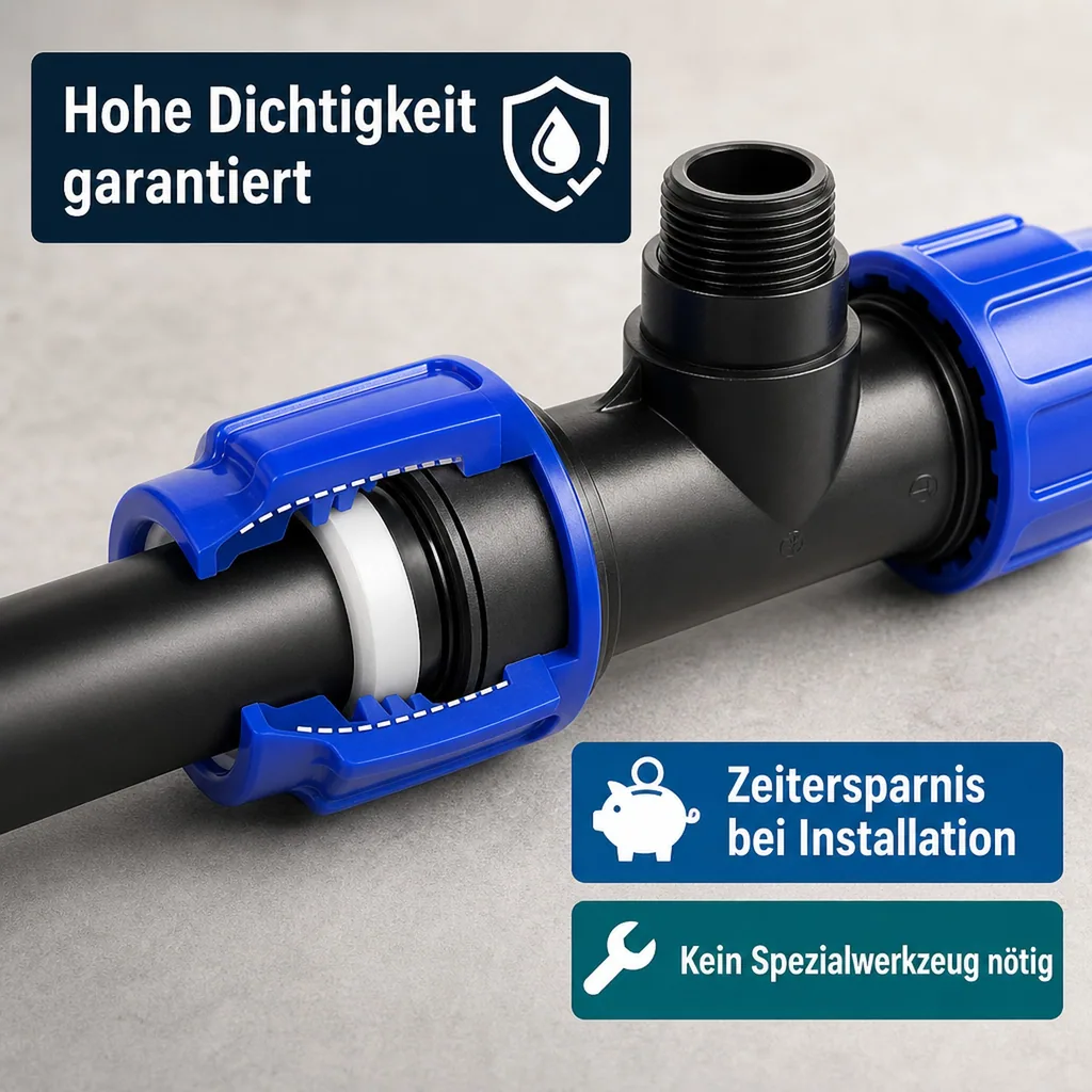 PE Rohr Verschraubung, T-Stück 40mm, Klemmfitting