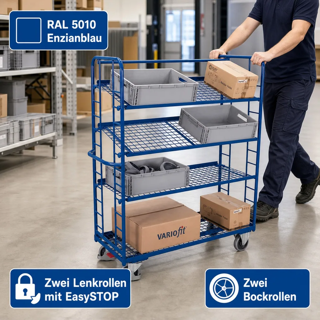 Etagenwagen mit 4 Drahtgitterböden pulverbeschichtet 250 kg Typ M + EasySTOP