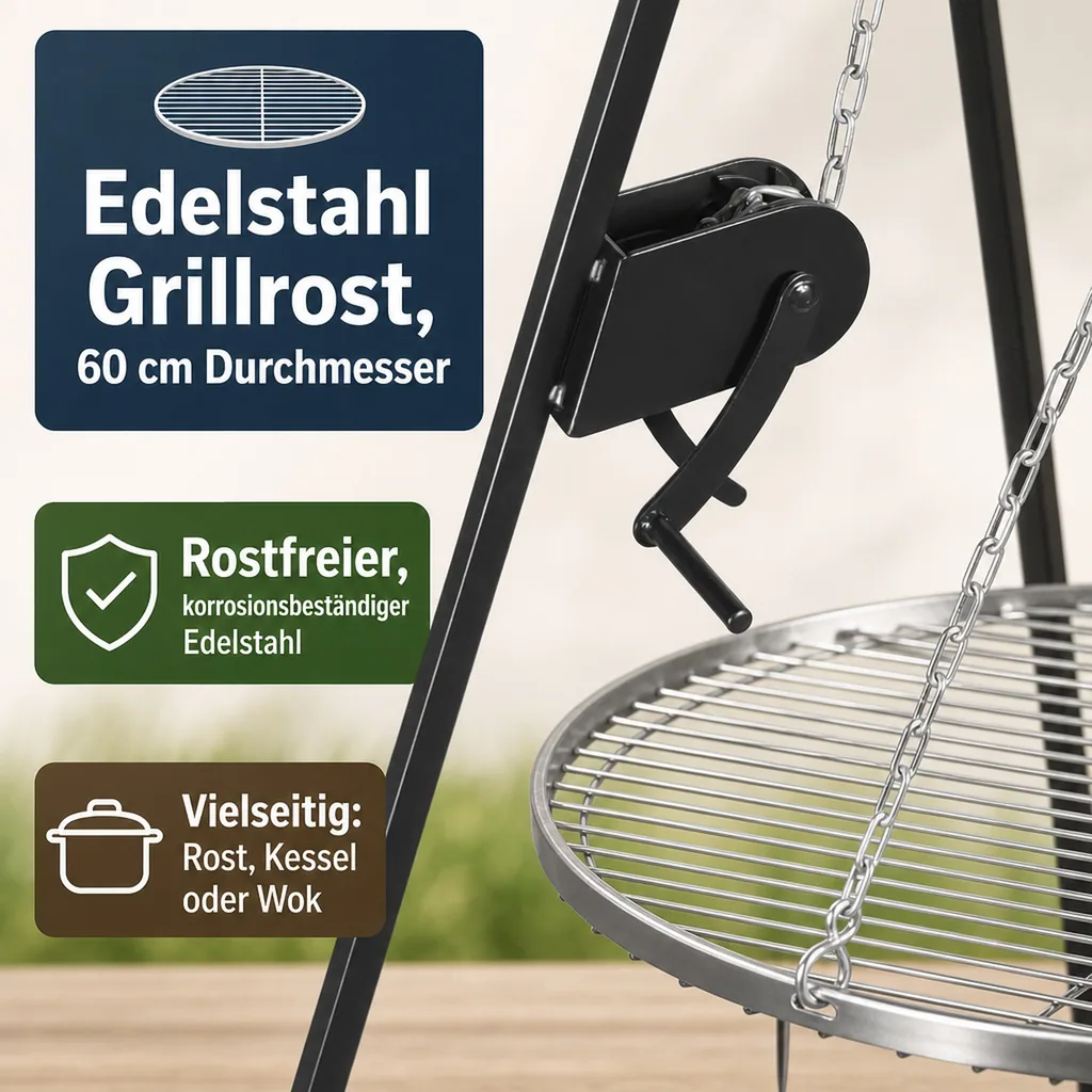 Schwenkgrill, Edelstahl Grillrost 60 cm, Dreibein Grill 200 cm, mit Kurbel