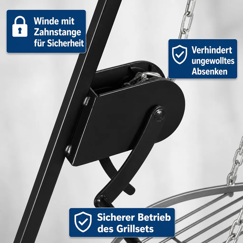 Schwenkgrill, Edelstahl Grillrost 60 cm, Dreibein Grill 200 cm, mit Kurbel