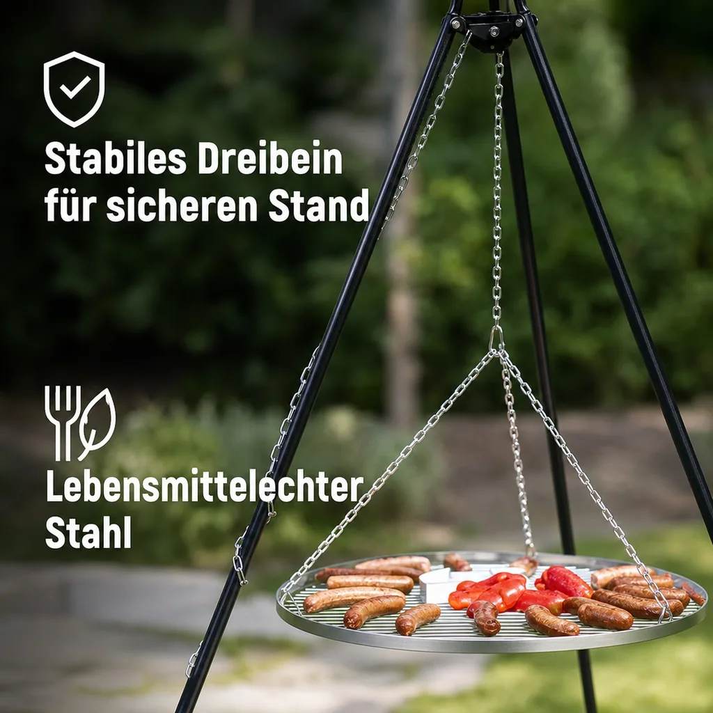 Schwenkgrill, Dreibein Schwenkgrill, Grillrost Edelstahl 80cm, Schwenkgrill Set, Grill mit Dreibein