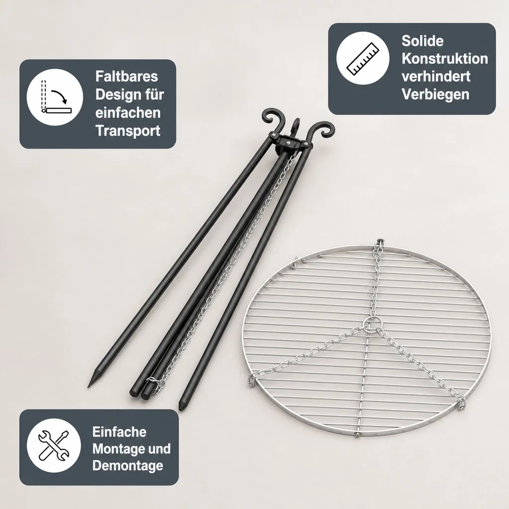 Schwenkgrill, Dreibein Schwenkgrill, Grillrost Edelstahl 80cm, Schwenkgrill Set, Grill mit Dreibein