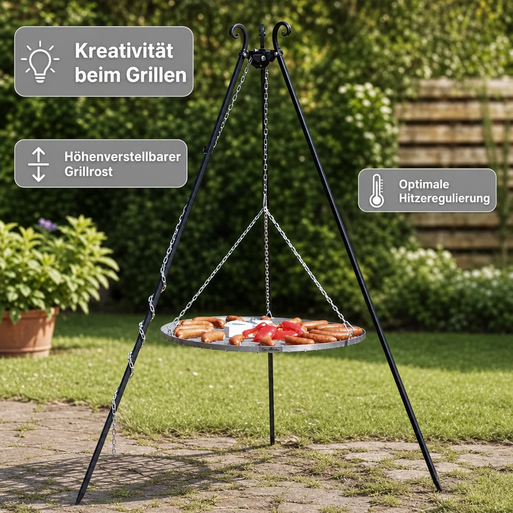 Schwenkgrill, Dreibein Schwenkgrill, Grillrost Edelstahl 80cm, Schwenkgrill Set, Grill mit Dreibein