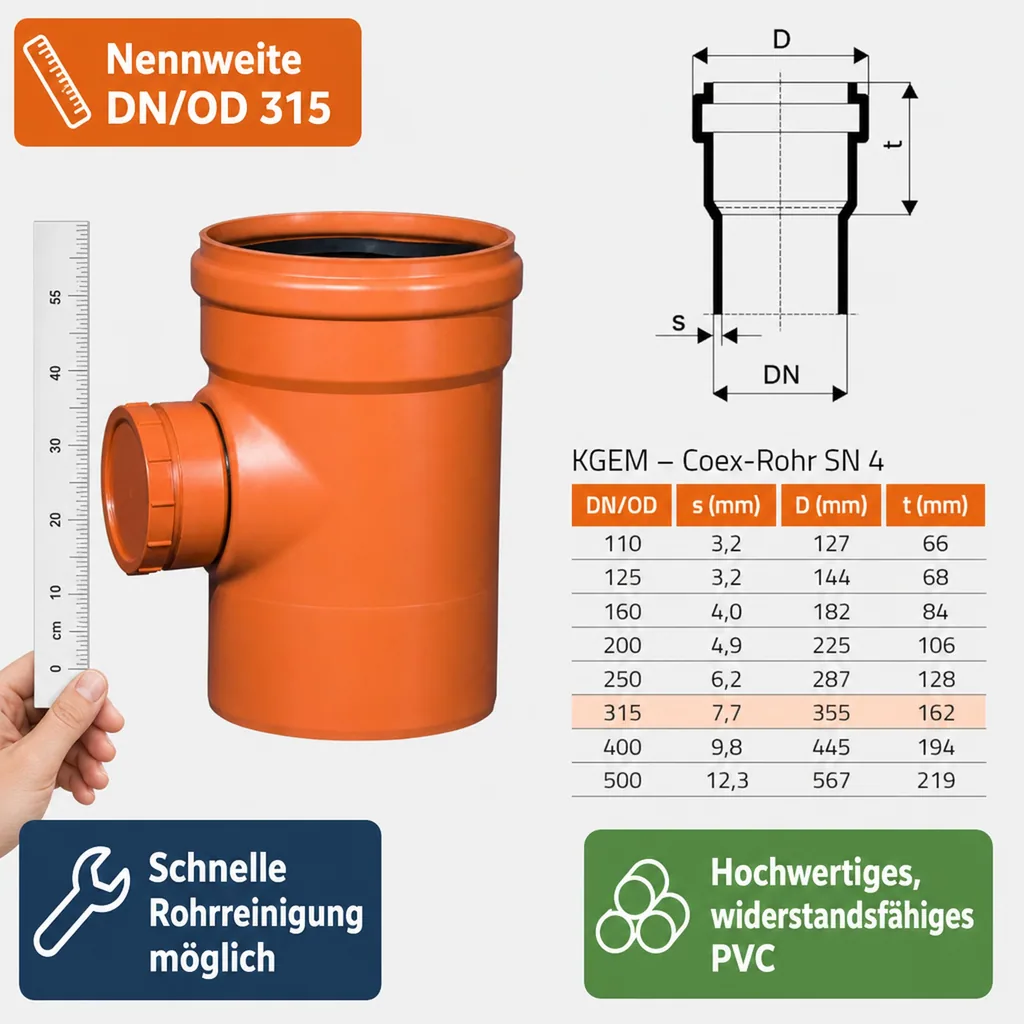 KG Rohr Reinigungsrohr DN 315, mit Deckel