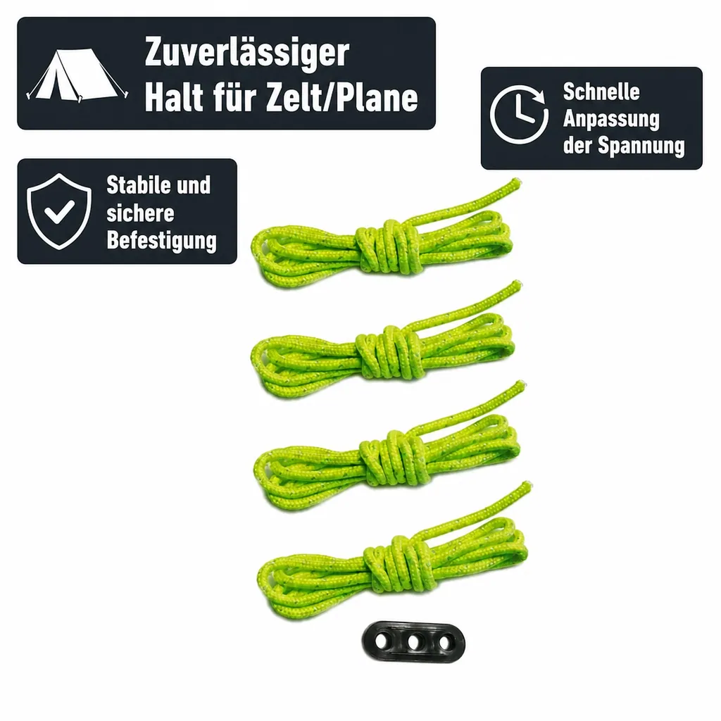 Abspannleinen Set, 4x Zelt Abspannleinen 3m, reflektierend, Dreichlochspanner