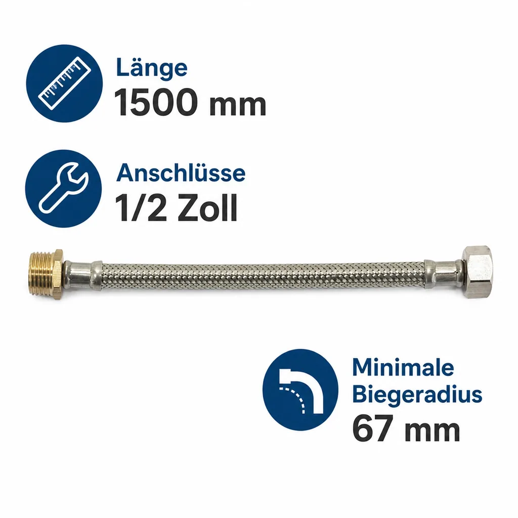 Panzerschlauch 1/2 Zoll, Edelstahl, Flexschlauch, 1500mm, Trinkwasser, DN8, DVGW