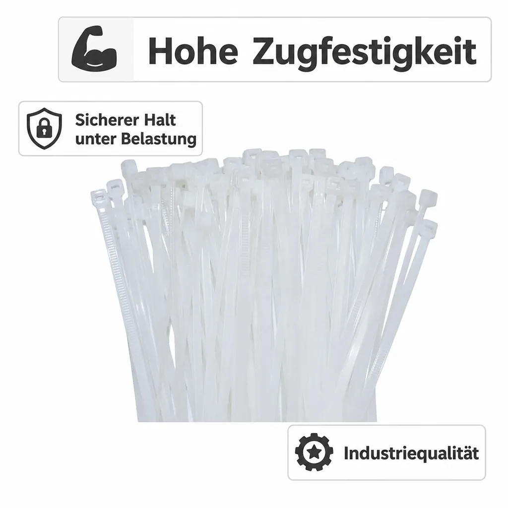 Kabelbinder 250x7,6mm, 100 Stück, natur weiss, PA6.6, Standard Kabelbinder