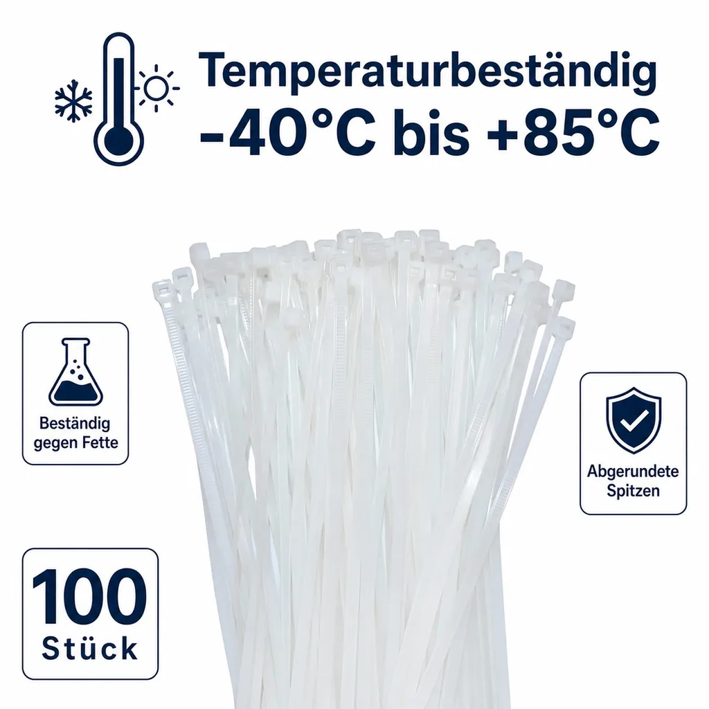 Kabelbinder 250x7,6mm, 100 Stück, natur weiss, PA6.6, Standard Kabelbinder