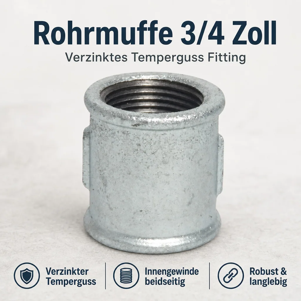 Muffe 3/4 Zoll, Gewindefitting Temperguss, Tempergussfitting, IG x IG