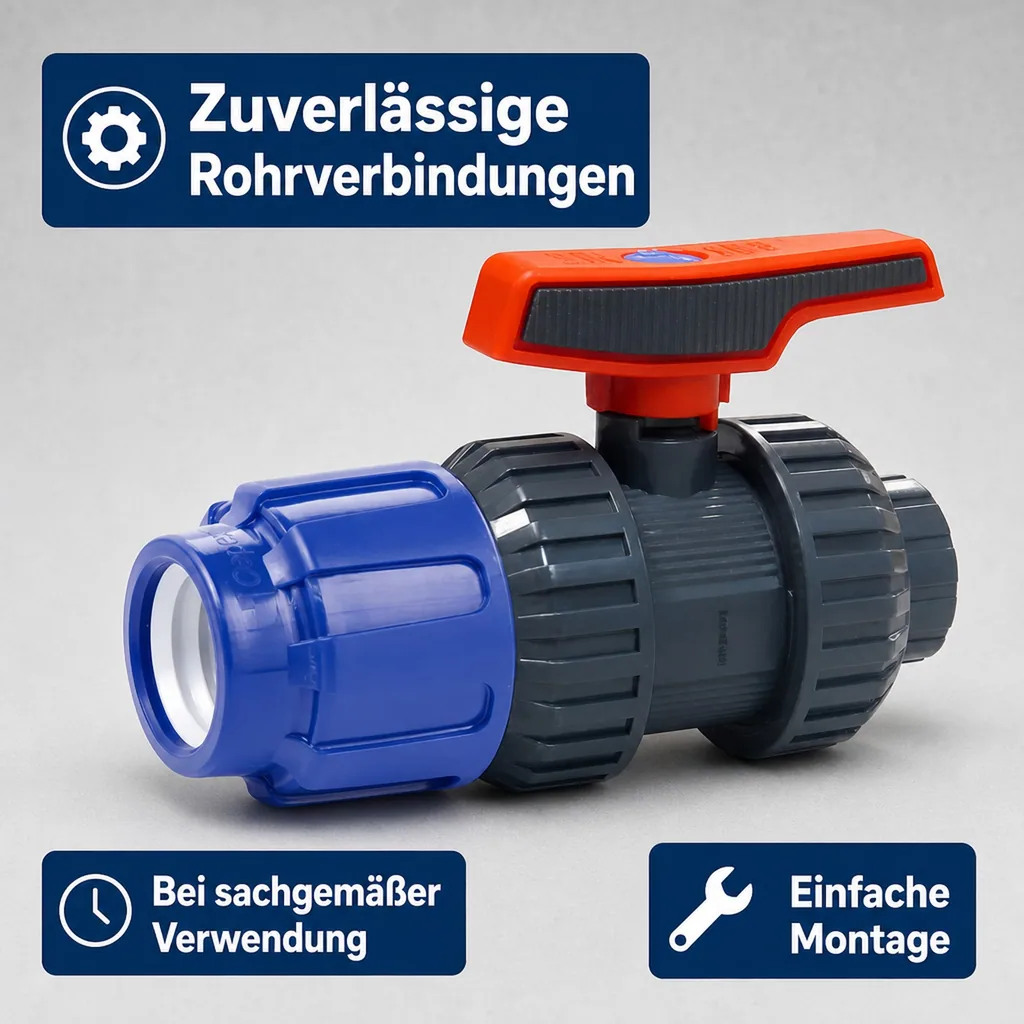 PE Rohr Verschraubung, Kugelhahn, Klemmverbinder 25 x 3/4 Zoll, PP, Trinkwasser