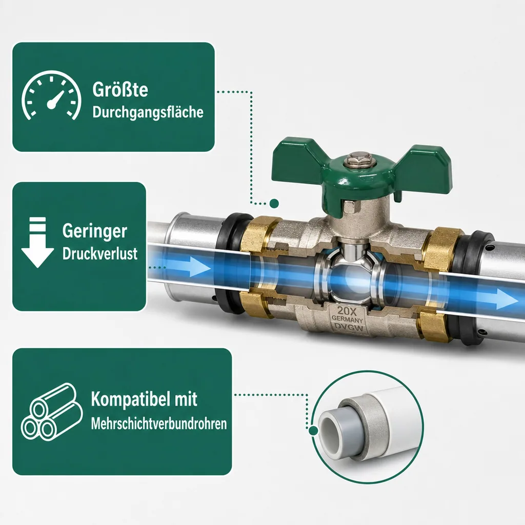 Pressfitting Kugelhahn, Kugelhahn 20mm, grün, Flügelgriff