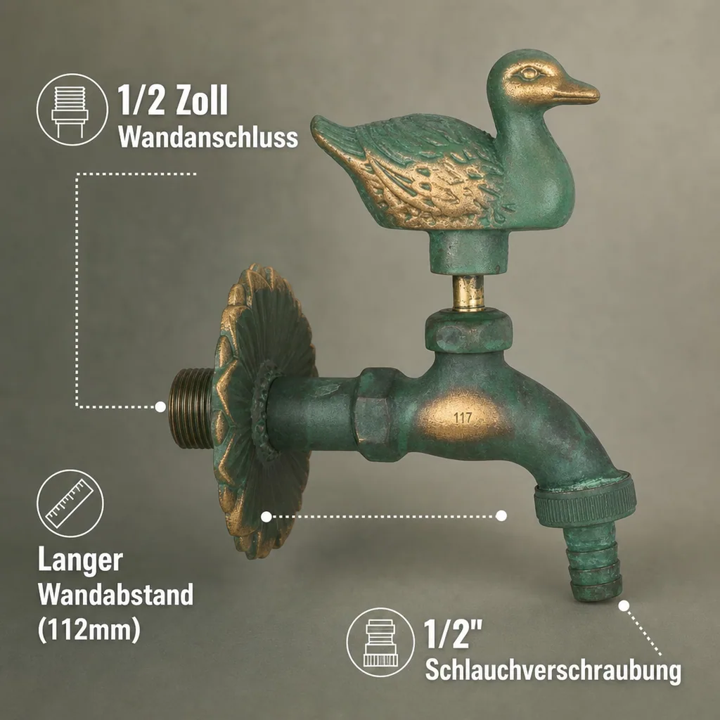 Auslaufventil, Gartenauslaufventil, Nostalgie Ente, patiniert, 1/2 Zoll