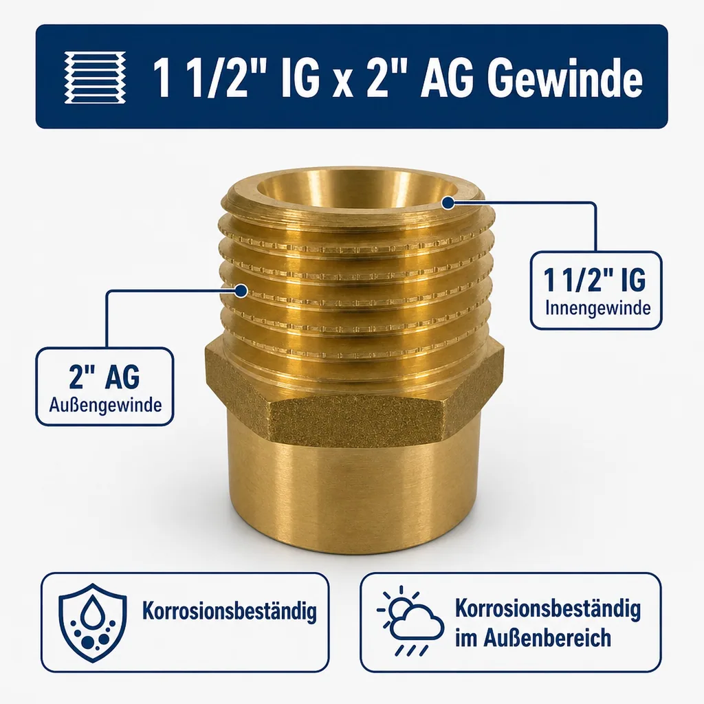 Messing Fitting, Doppelnippel reduziert, 1 1/2" IG x 2" AG